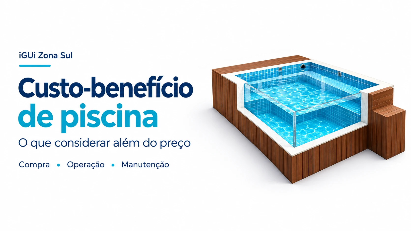 Ilustração de piscina compacta com acabamento de madeira, pastilhas azuis e painel de vidro.