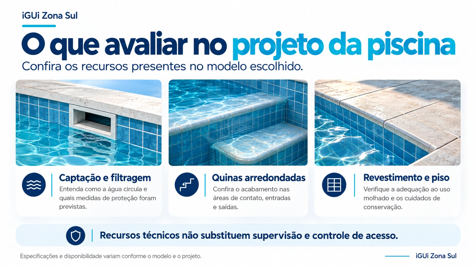 Detalhes ilustrativos de captação na superfície, quinas arredondadas e revestimento, para avaliação dos recursos do projeto.